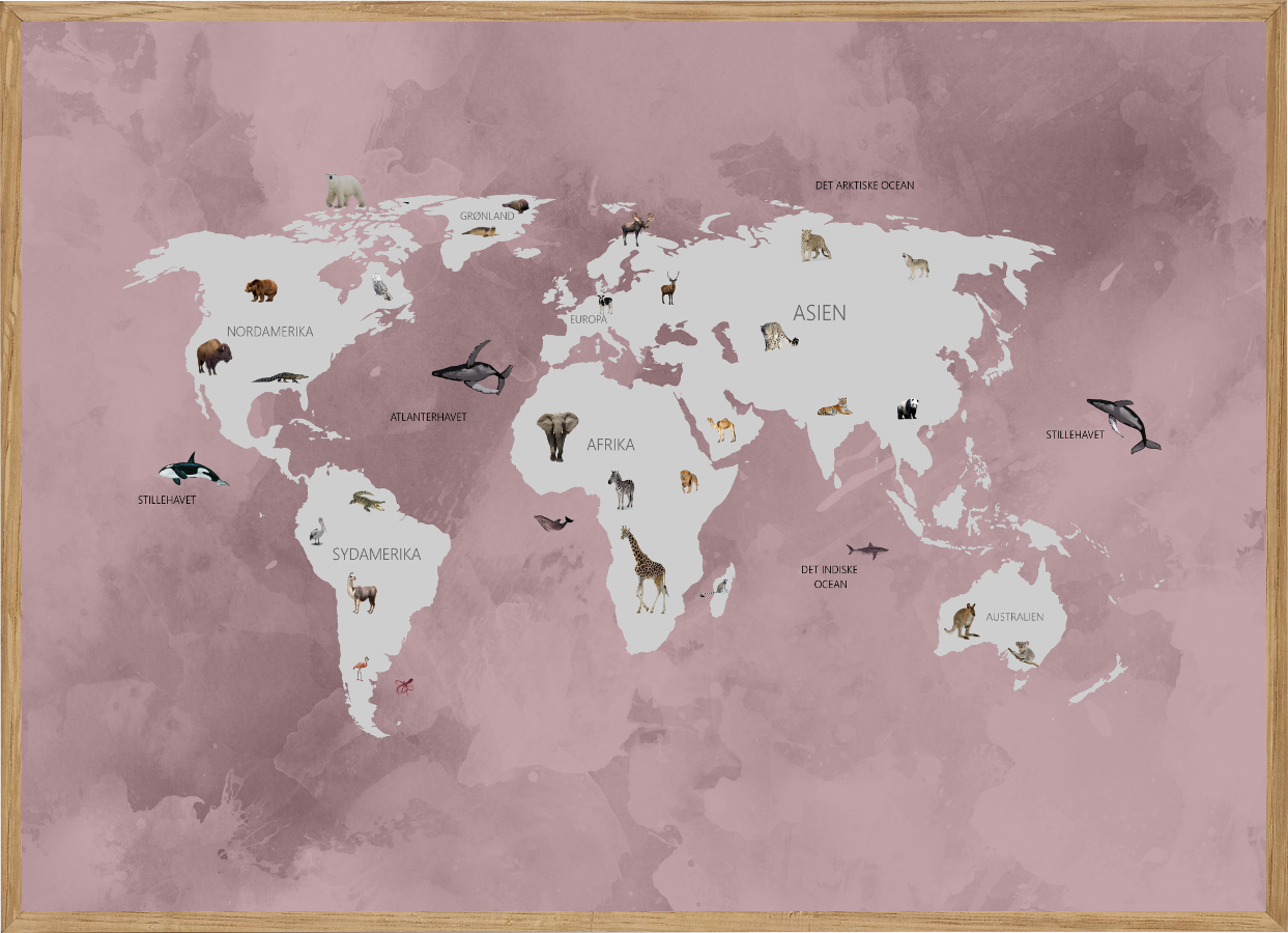 WORLD MAP ROSA - BØRNEPLAKAT - VERDENSKORT MED DYR A4 ( 21 x 29,7cm)