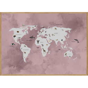 WORLD MAP ROSA - BRNEPLAKAT - VERDENSKORT MED DYR
