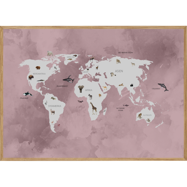 WORLD MAP ROSA - BRNEPLAKAT - VERDENSKORT MED DYR