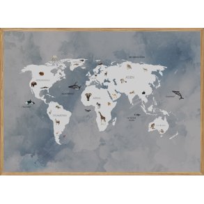 WORLD MAP BLUE - BRNEPLAKAT - VERDENSKORT MED DYR