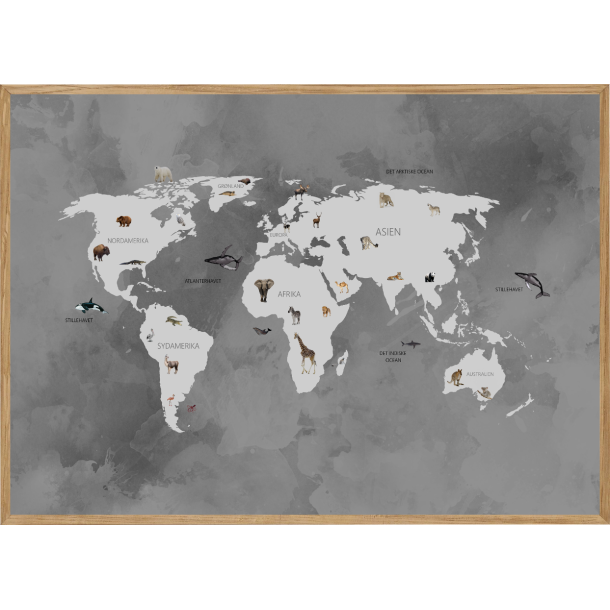 WORLD MAP GREY - BRNEPLAKAT - VERDENSKORT MED DYR