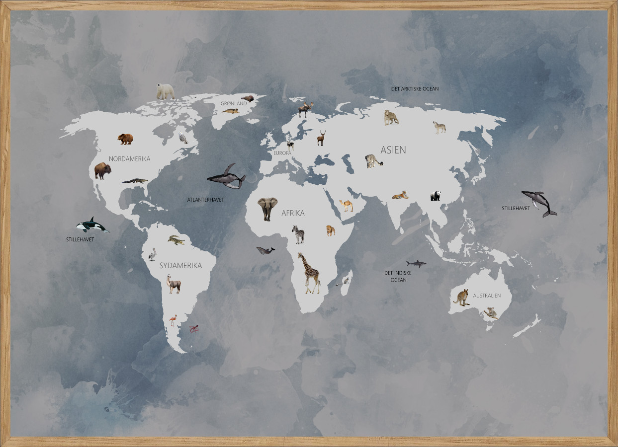 WORLD MAP BLUE - BØRNEPLAKAT - VERDENSKORT MED DYR Blue A4 ( 21 x 29,7cm)