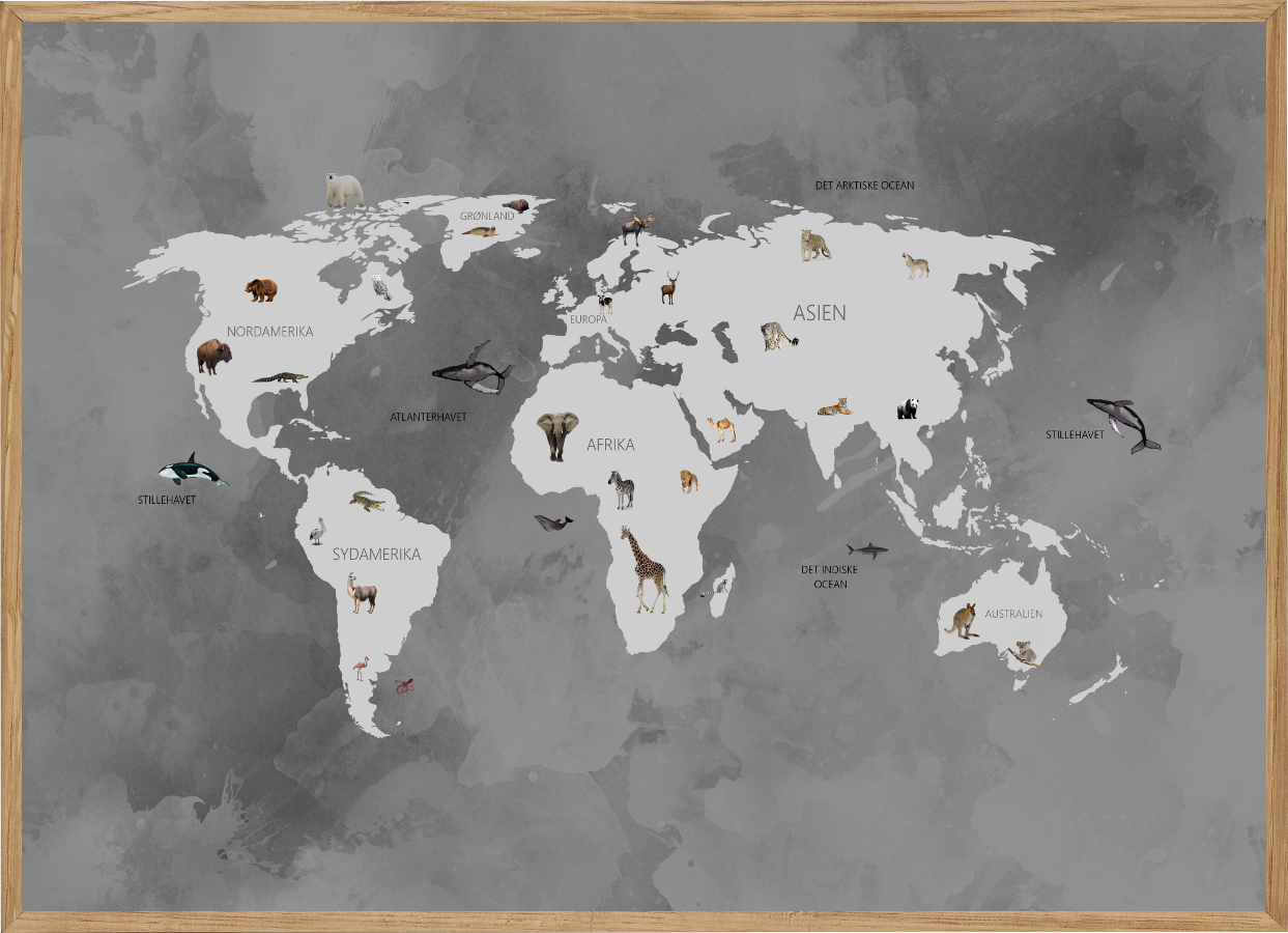 WORLD MAP GREY - BØRNEPLAKAT - VERDENSKORT MED DYR 50 x 70cm